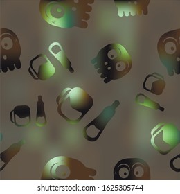 Pirate seamless pattern in gradient green, black, brown and grey colors. Dark colourfull print, wallpaper or backdrop with repeating elements in the form of skulls and binge