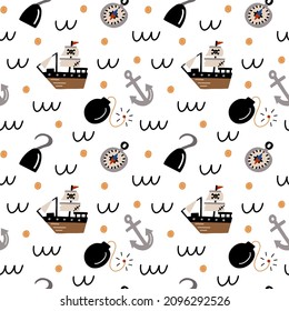 Pirate seamless pattern with hand drawn pirate ship, compass, hook and anchor decorated with golden coins and waves.  Vector illustration design for kids fashion fabrics, prints, textile graphics.