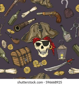 Pirate seamless pattern on dark background. Vector illustration