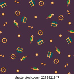 Patrón pirata sin fisuras. Loro, volante, cofre del tesoro, monedas. Diseño para tela, textil, papel pintado, embalaje.