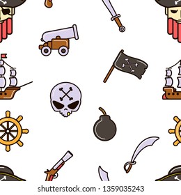 Pirate seamless pattern piracy skull and bones ship and cannon vector flag marine criminal sword and vessel gun or pistol steering wheel endless texture nautical symbols sea adventure traveling.