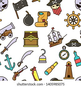 Seeräuberische Seeräubermuster Seeräuber und Knochen Schiff und Kanone Vektorflagge Seeräuberflagge Schwert und Schiffswehr und Lenkrad endlose Textur nautische Symbole Schätze Brustkarte und Kompasskarte
