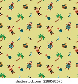 Pirate seamless pattern. Pirates, treasure chest, seagull, palm tree. Design for fabric, textile, wallpaper, packaging.	