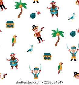 Patrón pirata sin fisuras. Piratas, cofre del tesoro, gaviota, loro, palmera, bomba. Diseño para tela, textil, papel pintado, embalaje.
