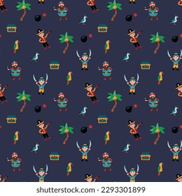 Pirate seamless pattern. Pirates, treasure chest, seagull, parrot, palm tree, bomb. Design for fabric, textile, wallpaper, packaging.