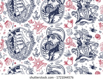 Pirate. Seamless pattern. Sea adventure background. Captain, parrot, ship in storm, girl filibuster, compass, anchor, treasure island, swallows. Caribbean robbers. Traditional tattooing style 