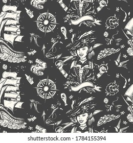 Pirate seamless pattern. Sea adventure background. Ship in storm, captain girl filibuster, compass, anchor, treasure island, swallows 