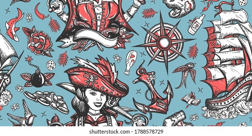 Pirate seamless pattern. Sea adventure background. Ship in storm, captain girl filibuster, compass, anchor, treasure island, swallows. Caribbean robbers. Traditional tattooing style 