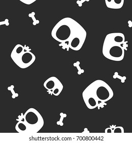 Pirate seamless pattern with white cute cartoon skeleton skulls and bones against plain black background. Monochrome vector illustration for Halloween party invitation, wrapping paper, textile print.