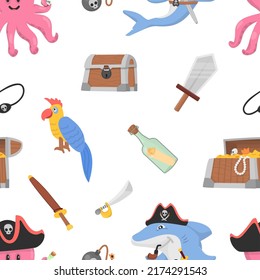 Pirate seamless pattern. Wood chest, treasure and bottle. Shark and octopus with rum. Kids sea adventures vector background