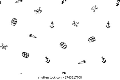 Pirate Seamless Vector Pattern. Anchor, Chest, Spyglass, Barrel And Skull Elements.