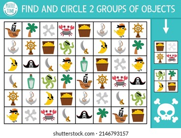 Pirate seek and find game with traditional symbols. Attention skills training puzzle with chest, ship, anchor. Printable activity for kids. Treasure island searching puzzle. Find groups of objects