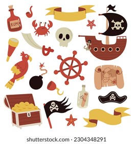 Colección de accesorios y objetos piratas, paquete pirata. Hombre y mujer piratas. Ilustración vectorial dibujada a mano.