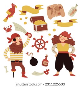 Pirate set, pirate bundle.Pirate accessories and items Man and woman pirates. Hand drawn vector illustration.