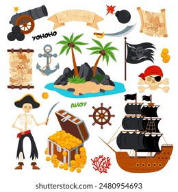 Piraten-Set im Cartoon-Flat-Stil. Vektorillustration mit Piraten Clipart Elemente. Piraten-Elemente gesetzt. Piraten Thema Illustrationen mit Schiff, Truhe, Karte, Kanonenkugel und andere.