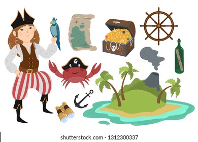 Pirate set in cartoon style. Vector collection objects: Pirates, map, crab, anchor, binoculars, wheel, treasure, island and parrot. Childish illustration in white background.
