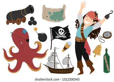 Pirate set in cartoon style. Vector collection objects: Pirates, map, octopus, compass, ship, flag, bomb. Childish illustration in white background.
