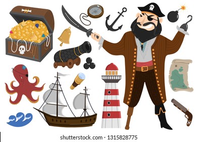 Pirata ambientado al estilo de las caricaturas. Objetos de colección de vectores: Piratas, mapa, olas, bomba, barco, tesoro, pulpo, pistola, cañón, faro. Ilustración infantil de fondo blanco.