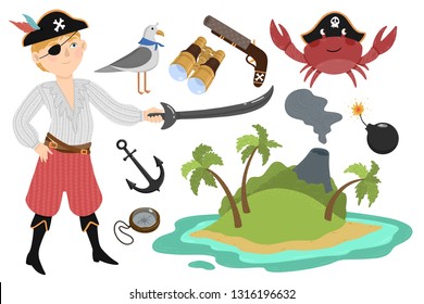 Pirate set in cartoon style. Vector collection objects: Pirates, island, bomb, gun, gull, crab, anchor, binoculars, compass. Childish illustration in white background.