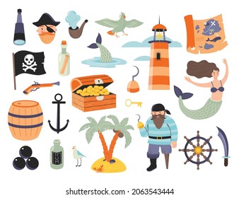 Pirate set with characters, mermaid, treasure map, chest, lighthouse, spyglass, rum, musket, jolly roger, palm islands etc. Bundle pirate