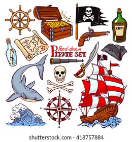 pirate set. collection of hand-drawn pirate paraphernalia. pirate flag, ship, navigation attributes