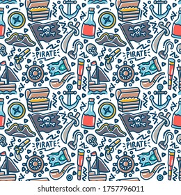pirate set element doodle colorful seamless pattern isolated in white background