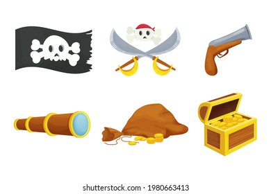 Pirata con bandera, calavera y huesos, monedas de oro, tesoro con pecho y bolsa de madera, espadas cruzadas, vidrio de espía y pistola retro al estilo de dibujos animados aislados en fondo blanco.