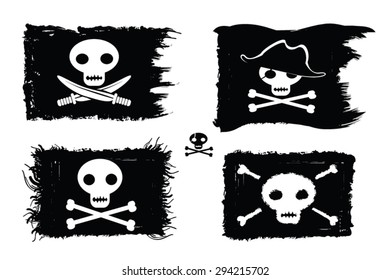 Pirate - set of pirate flags with sculls, bones, pirate hat and sword. Jolly Roger vector illustration.Grunge paint with brush strokes, ink blot. Pirate backgrounds collection.Design elements.Eps 10.