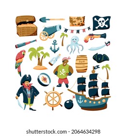 Pirate set of hand drawn elements. Bundle vector design elements for kids' design. Cartoon doodle illustration with characters