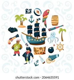 Pirate set of hand drawn elements. Bundle vector design elements for kids' design. Cartoon doodle illustration with characters