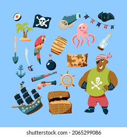 Pirate set of hand drawn elements. Bundle vector design elements for kids' design. Cartoon doodle illustration with characters