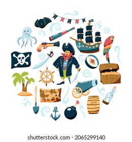 Pirate set of hand drawn elements. Bundle vector design elements for kids' design. Cartoon doodle illustration with characters