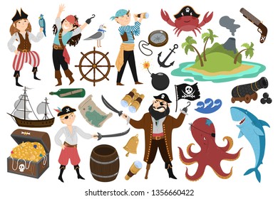 Pirate set in hand drawn style. Vector collection objects: Pirates, map, crab, anchor, binoculars, wheel, treasure, waves, bomb, octopus, cannon, island and parrot. Childish illustration.