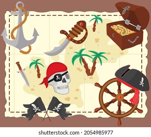 Pirate set with pirate hat,scull, saber, dagger, steering wheel, anchor, treasure chest on a  background of treasure map. Hand-drawn vector illustration of cute pirate objects.