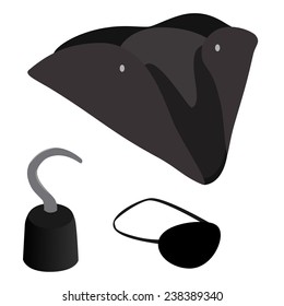 Pirate set, pirate hook, pirate hat, pirate eye patch