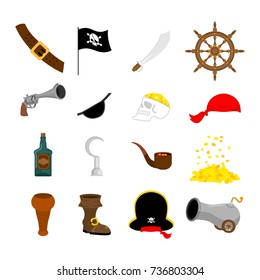 Pirate set icon. Flag and saber. piratical hat and wooden leg. Eye patch and rum. Pistol and helm. skull and cannon. Vector illustration