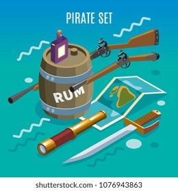 Pirate set including weapons, treasure map, spyglass, bottle and barrel rum game background isometric vector illustration