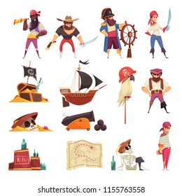 Pirate set of isolated icons with cartoon images of ships maps and skeleton symbols with people vector illustration