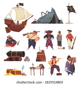 Pirate Set With Isolated Icons Of Ship Wreck And Weapons With Doodle Style Characters Of Pirates Vector Illustration