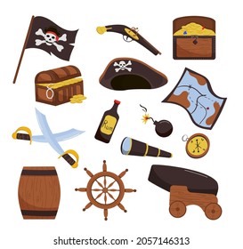 Pirate set. Isolated on a white background. Cartoon style. Hat, chest of gold, spyglass. Steering wheel, bomb, flag. Vector illustration