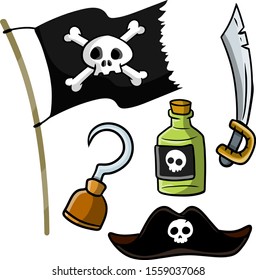 Pirate set of items - captain's hat, bottle of rum, sword, pirate with Jolly Roger, skull and bones, hook. The objects of the marine bandit. Old symbol of travel and adventure.