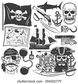 Pirate set for logos. Blackbeard. Tattoo with skull. Corsair captain with beard. Black sea lettering.