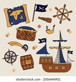 Piratenset mit Karte, Schiff, Flagge, Lenkrad, Spyglass, Münztruhe, Messer, Waffe, Rauchrohr, Kompass