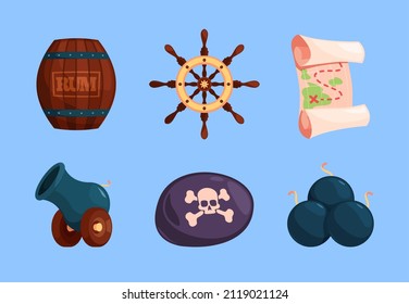 Pirate set. Old weapons treasure bottles bomb vintage elements and pirate symbols garish vector illustrations in flat style