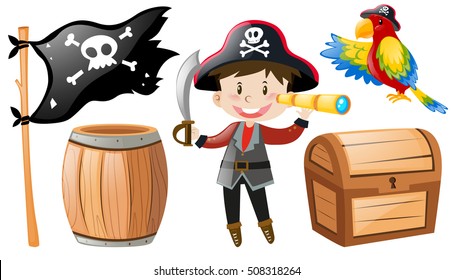 Pirate set with pirate and parrot illustration