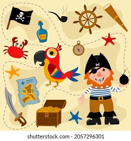 
Juego pirata con loro, pirata, mapa, pecho de oro, botella de ron, cangrejo, bandera negra, brújula, telescopio, espada, tubo de krylny y pez estrella. Ilustración vectorial en estilo plano.