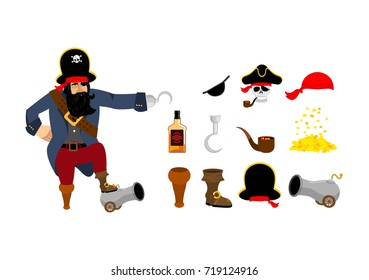 Pirate set. Pirates hat. Eye patch and smoking pipe. Bones and skull. Wooden foot. Gold coins. Rum bottle and cannon. Vector illustration