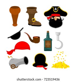 Pirate set. Pirates hat. Eye patch and smoking pipe. Bones and skull. Wooden foot. Gold coins. Rum bottle and cannon