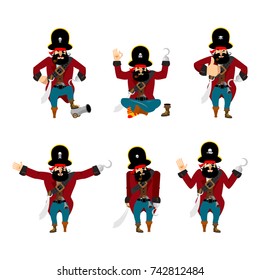 Pirate set poses and motion. filibuster happy and yoga.  buccaneer sleeping and angry. rover guilty and sad. Vector illustration