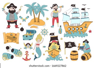 Pirate set with sail ship, palm, mermaid, pirates, map, octopus on a white background. Hand-drawn vector illustration of cute pirate objects. It's perfect for greeting cards, posters, room decoration.